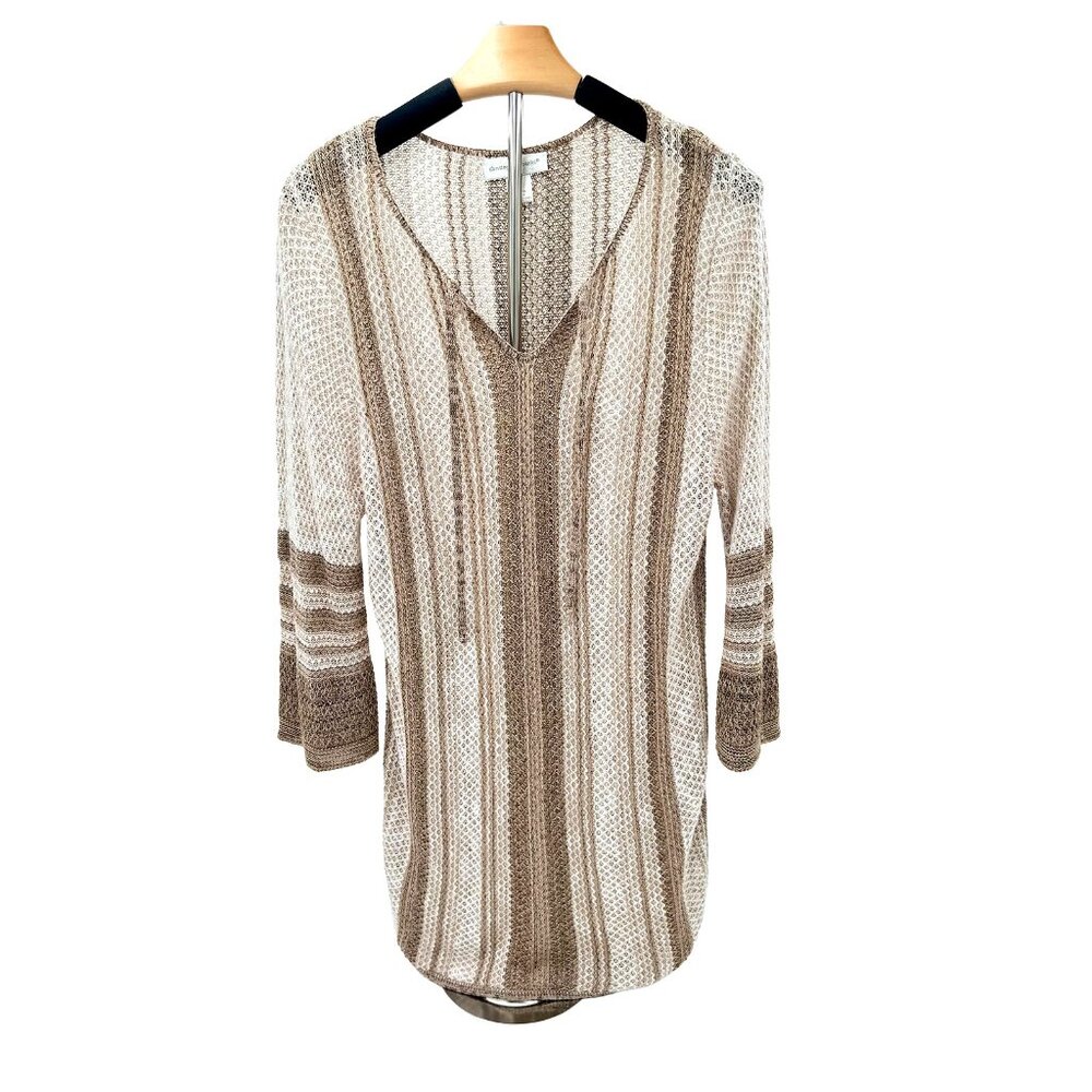 Christopher & Banks Tan Cream Stripe Open Knit‎ Tunic Sweater V-Neck Top Medium